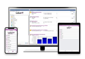 Screenshot der Labelwin SHK-Software auf Desktop-Monitor, Smartphone und Tablet mit Dashboard-Ansicht und Navigationssidebar.