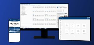 Screenshot-Collage der Streit V.1 Handwerkersoftware auf Desktop, Smartphone und Tablet mit Programmmenü, mobiler Zeiterfassung und Auftragsübersicht.