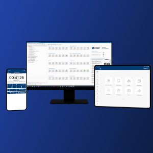 Screenshot-Collage der Streit V.1 Handwerkersoftware auf Desktop, Smartphone und Tablet mit Programmmenü, mobiler Zeiterfassung und Auftragsübersicht.