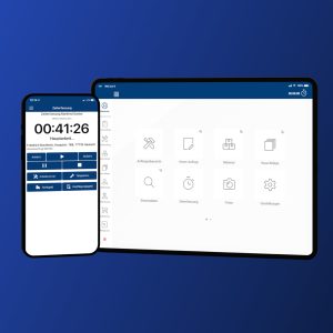 Screenshot von Smartphone und Tablet mit der Streit-App – Zeiterfassung mit laufendem Timer sowie mobiles Hauptmenü mit Auftragsübersicht, Material und Einstellungen.