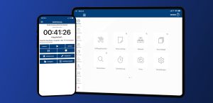Screenshot von Smartphone und Tablet mit der Streit-App – Zeiterfassung mit laufendem Timer sowie mobiles Hauptmenü mit Auftragsübersicht, Material und Einstellungen.