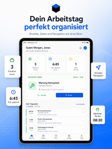 Tablet-Ansicht der Meisterpfad-App mit Tagesübersicht: Einsätze, geplante Stunden, nächster Termin sowie Tagesplan mit Anruf- und Routenfunktion.
