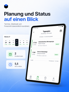 Tablet-Ansicht der Meisterpfad-App mit Tagesplan: zwei Einsätze, geplante Stunden, Terminzeiten, Adressen und Feierabendanzeige.