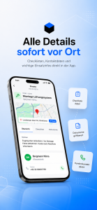Smartphone-Ansicht der Meisterpfad-App mit Einsatzdetails: Karte, Route, Notizen sowie Kontaktdaten des Kunden.