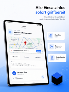 In der Einsatzansicht von Meisterpfad stehen Notizen, Kontakt und Checkliste sofort bereit.