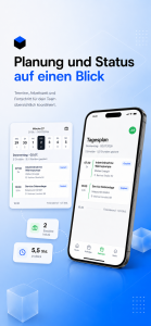 Smartphone- und Tablet-Ansicht der Meisterpfad-App mit Wochenübersicht und Tagesplan: Einsätze, geplante Stunden und Feierabendzeit.